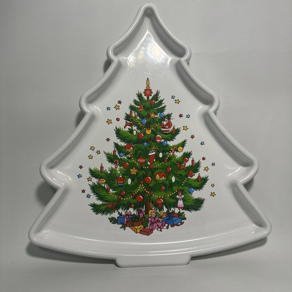 Vtg White Plastic Christmas Tree-Shaped Cookie Tray Made In USA EUC